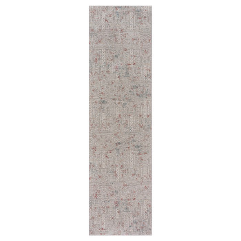 2' x 8' Gray Ivory Slate Blue and Wine Red Geometric Distressed Runner Rug