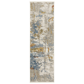 2' x 8' Beige Grey Gold Blue Rust and Teal Abstract Power Loom Runner Rug with Fringe