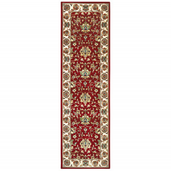 2' x 8' Red Ivory Machine Woven Floral Oriental Indoor Runner Rug