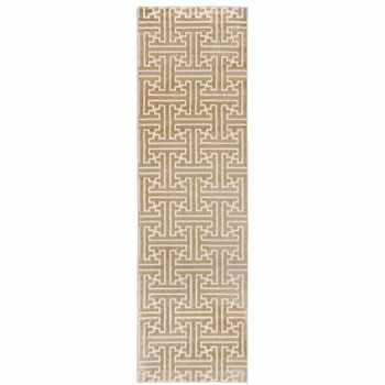 2' x 8' Gold and Ivory Geometric Power Loom Stain Resistant Polypropylene Runner Rug