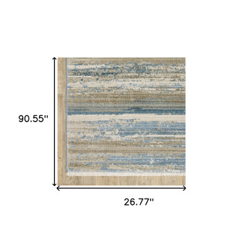 2' x 8' Blue and Ivory Abstract Power Loom Runner Rug with Fringe
