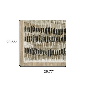 2' x 8' Beige Ivory Charcoal Brown Tan and Grey Abstract Power Loom Runner Rug