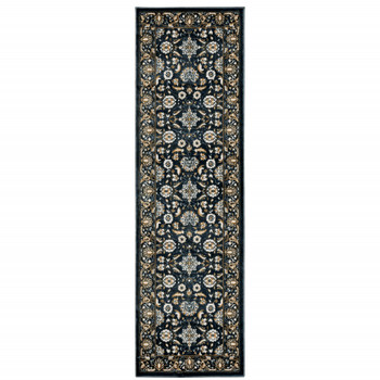 2' x 8' Navy Caramel and Ivory Oriental Power Loom Stain Resistant Runner Rug