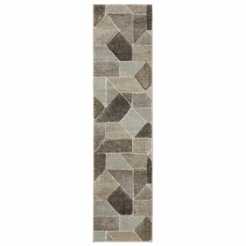 2' x 8' Grey Brown Beige Tan Taupe and Ivory Geometric Power Loom Runner Rug