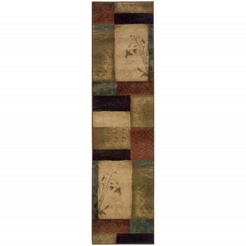 2' x 8' Beige and Brown Floral Block Pattern Runner Rug