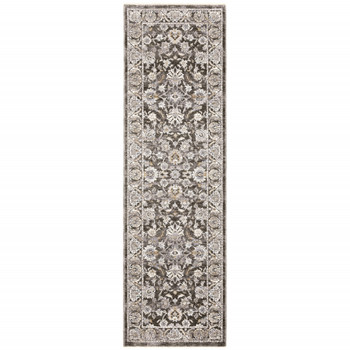 2' x 8' Grey & Ivory Oriental Power Loom Stain Resistant Runner Rug with Fringe