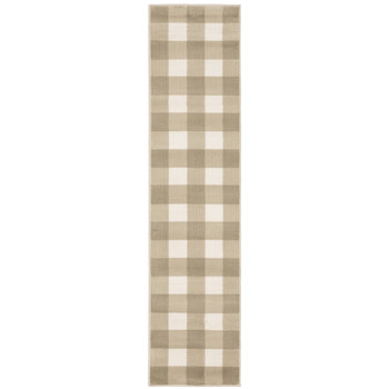 2' x 8' Beige and Ivory Geometric Power Loom Stain Resistant Runner Rug