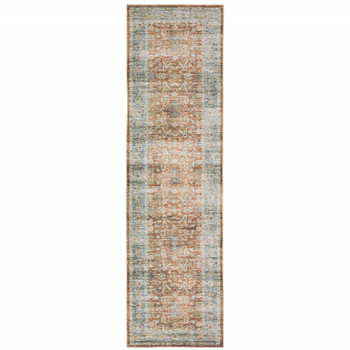 2' x 8' Rust Blue Ivory and Gold Oriental Printed Stain Resistant Non Skid Runner Rug