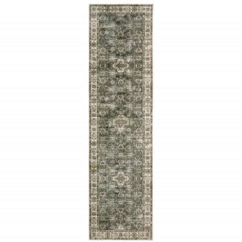 2' x 8' Blue and Beige Oriental Printed Stain Resistant Non Skid Runner Rug