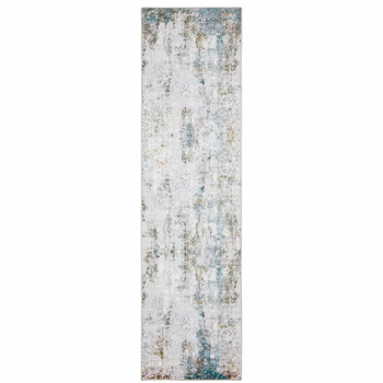 2' x 8' Ivory and Blue Abstract Printed Stain Resistant Non Skid Runner Rug