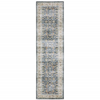 2' x 8' Blue Gold Rust Ivory and Olive Oriental Printed Non Skid Runner Rug