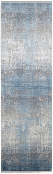 3' x 10' Blue Gray and Silver Abstract Power Loom Distressed Runner Rug with Fringe