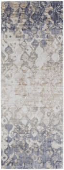 3' x 10' Tan Ivory and Blue Abstract Power Loom Distressed Runner Rug