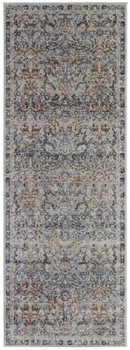 3' x 10' Tan Blue and Orange Floral Power Loom Distressed Runner Rug with Fringe
