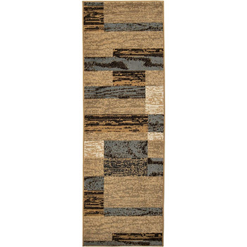 3' x 10' Light Blue-Beige Patchwork Power Loom Stain Resistant Runner Rug