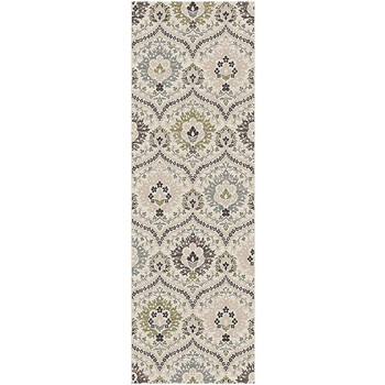 3' x 10' Beige Ivory and Brown Floral Stain Resistant Runner Rug