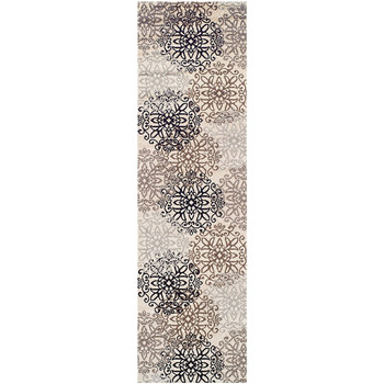 3' x 10' Tan Gray and Black Floral Medallion Stain Resistant Runner Rug