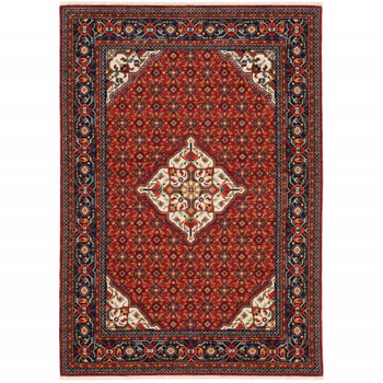 3' x 5' Red Blue Ivory and Orange Oriental Power Loom Stain Resistant Area Rug