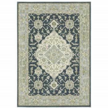 3' x 5' Teal Blue Ivory Green and Grey Oriental Power Loom Stain Resistant Area Rug