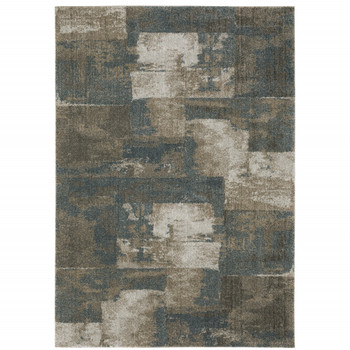 3' x 5' Teal Blue Grey Tan and Beige Geometric Power Loom Stain Resistant Area Rug