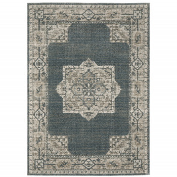 3' x 5' Blue and Beige Oriental Power Loom Stain Resistant Area Rug