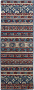 3' x 8' Blue Red and Ivory Geometric Power Loom Distressed Stain Resistant Runner Rug