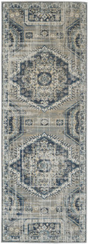 3' x 8' Blue and Ivory Abstract Power Loom Distressed Stain Resistant Runner Rug