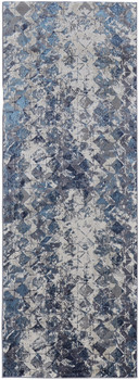 3' x 8' Blue Ivory and Gray Geometric Power Loom Distressed Runner Rug