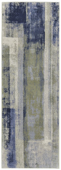 3' x 8' Blue Green and Ivory Abstract Power Loom Distressed Runner Rug