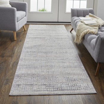 3' x 8' Taupe and Ivory Plaid Power Loom Distressed Stain Resistant Runner Rug