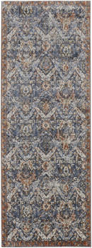 3' x 8' Blue Orange and Ivory Floral Power Loom Runner Rug with Fringe