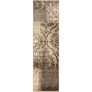 3' x 8' Tan and Brown Damask Distressed Stain Resistant Runner Rug