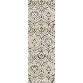 3' x 8' Ivory Gray and Olive Floral Stain Resistant Runner Rug
