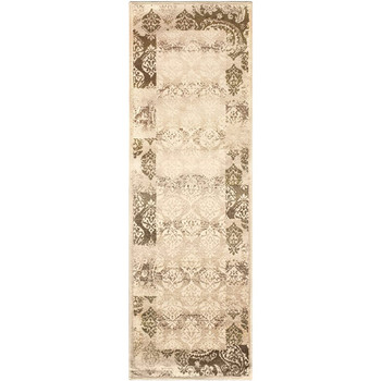 3' x 8' Beige Damask Power Loom Distressed Stain Resistant Runner Rug