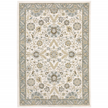 4' x 5' Stone Grey Ivory Green Brown Teal and Light Blue Oriental Power Loom Area Rug