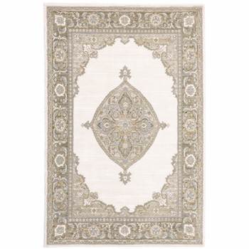 4' x 5' Beige Ivory Tan Gold Grey and Green Oriental Power Loom Stain Resistant Area Rug