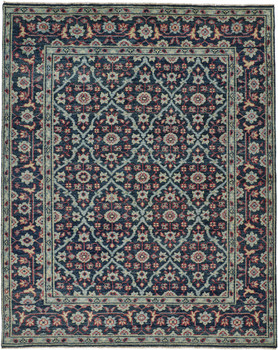 4' x 6' Blue Green and Red Wool Floral Hand Knotted Distressed Area Rug with Fringe