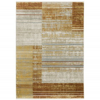 4' x 6' Rust Gold Blue Grey Ivory and Tan Geometric Power Loom Area Rug with Fringe