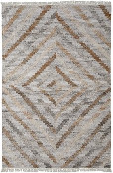 4' x 6' Ivory Gray and Tan Geometric Hand Woven Stain Resistant Area Rug with Fringe