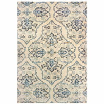 4' x 6' Ivory and Blue Floral Power Loom Stain Resistant Area Rug