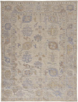 4' x 6' Tan Orange and Blue Floral Hand Knotted Stain Resistant Area Rug
