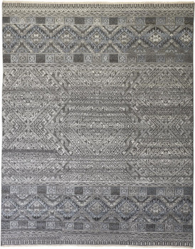 4' x 6' Gray Ivory and Blue Geometric Hand Knotted Area Rug