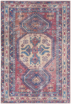 4' x 6' Red and Navy Oriental Power Loom Distressed Washable Area Rug