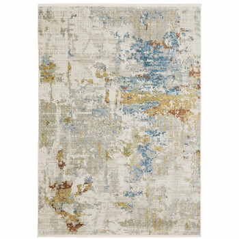 4' x 6' Beige Grey Gold Blue Rust and Teal Abstract Power Loom Area Rug with Fringe