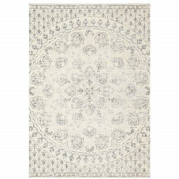 4' x 6' Ivory and Grey Floral Power Loom Stain Resistant Area Rug