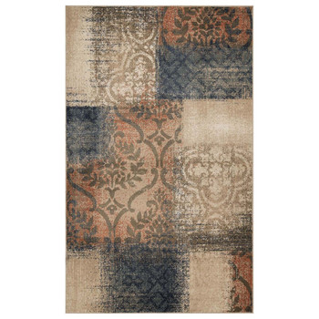 4' x 6' Navy and Salmon Damask Distressed Stain Resistant Area Rug