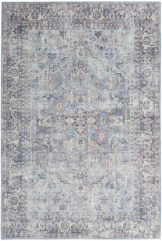 4' x 6' Light Grey and Blue Oriental Power Loom Distressed Washable Area Rug