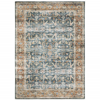 4' x 6' Blue Rust Gold and Olive Oriental Printed Stain Resistant Non Skid Area Rug