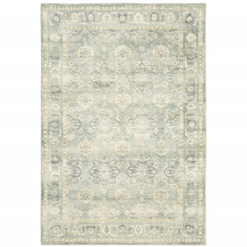 5' x 7' Green and Ivory Oriental Power Loom Stain Resistant Area Rug