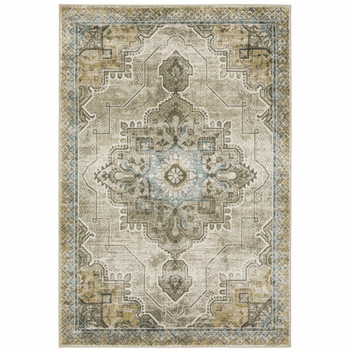 5' x 7' Grey Blue Beige and Gold Oriental Power Loom Stain Resistant Area Rug